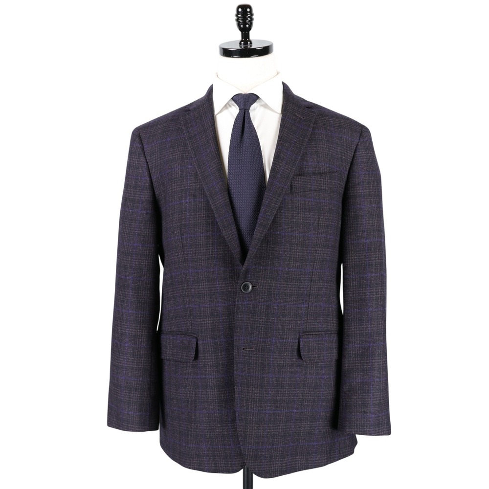 Joseph Abboud Sport Coat 40R Purple Black Blue Plaid Reda Italian Wool Blazer